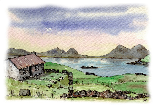 Bothy on Taransay with Harris Hills